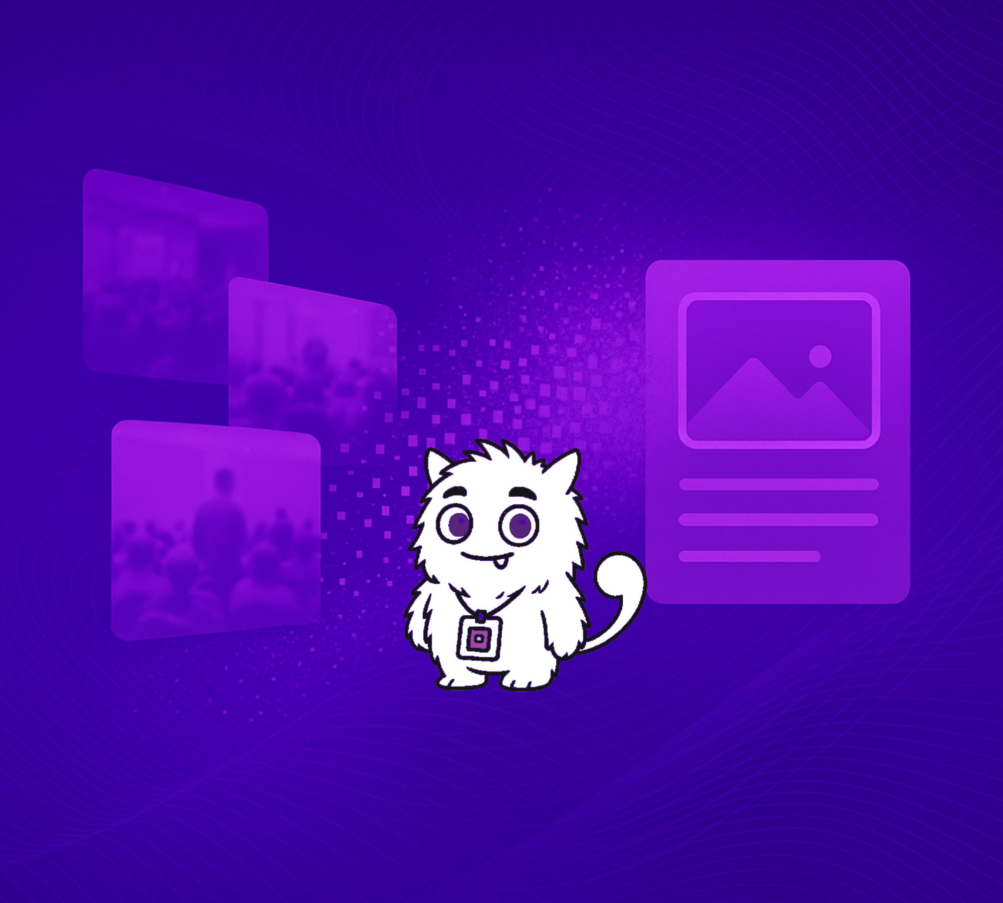 Gressy mascot on a purple abstract background showing translation of congress images into a report.